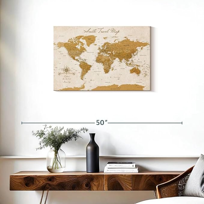 ElephantStock - Personalized Travel Push Pin World Map Wall Art - Horizontal Canvas Wall Art - Living Room Wall Decor - Digital Art Map Canvas Art - Orange And Beige Decor - 30" x 20"