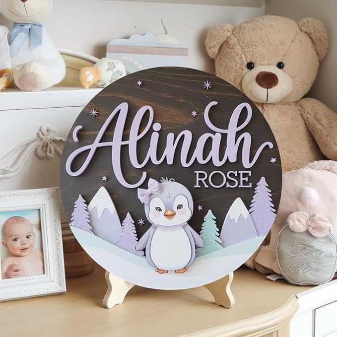 Personalized Name Sign for Nursery, Penguin Sign for Baby Door Decor, Newborn Gifts for Girl, Girls Nursery Wall Bedroom Decorations, Mother's Day Gifts for New Mom Dad Gift