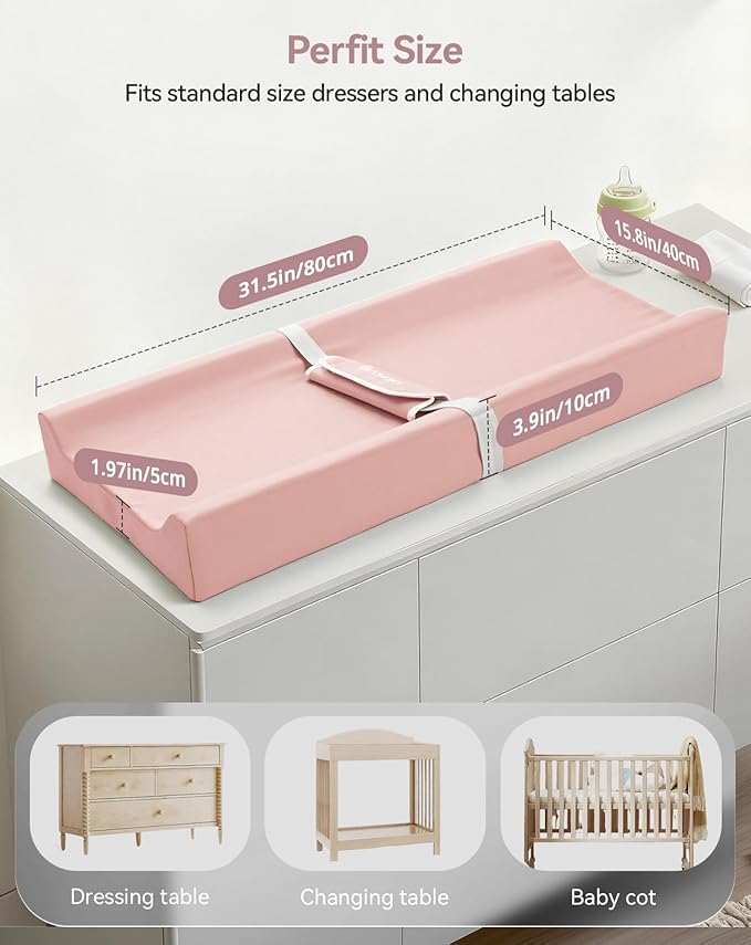 COMOMY Baby Changing Pad with Wipeable & Waterproof PU Cover, Contoured Diaper Changing Pad for Dresser with Non-Slip Safety Belt, Portable and Lightweight, Large Cushioned Foam, Pink