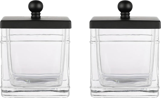 Glass Cotton Jar Holder 2 Pack– Matte Black Lid, Elegant Bathroom Storage Canister for Qtips, Cotton Balls, Floss, Makeup Organizer, Vanity & Bathroom Organization