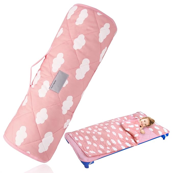 Biloban Toddler Nap Mat with Pillow and Blanket, Cot Nap Mats for Standard Daycare Preschool, Portable Sleeping Bag for Kids, Super Soft Cozy, Pink Cloud, 52" x 23"