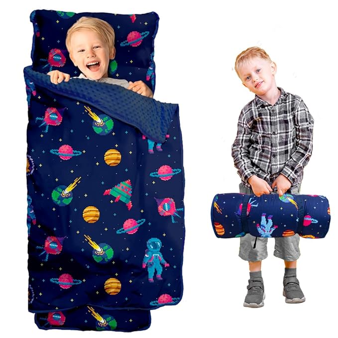 Toddler Nap Mat with Pillow and Minky Blanket, Large 55"x35" Sleeping Bag, Washable, Lightweight, Easy to Roll, Perfect for Preschool, Daycare, Kindergarten, Travel, Boys and Girls(Space)
