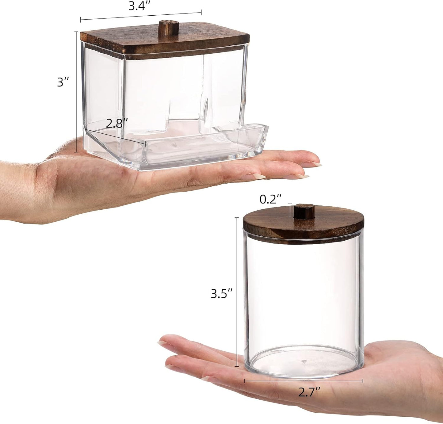 Tbestmax Qtips Holder Bathroom Container, 10/7 OZ Cotton Ball/Swabs Dispenser, Apothecary Jar Organizer for Storage Brown Wood Lids