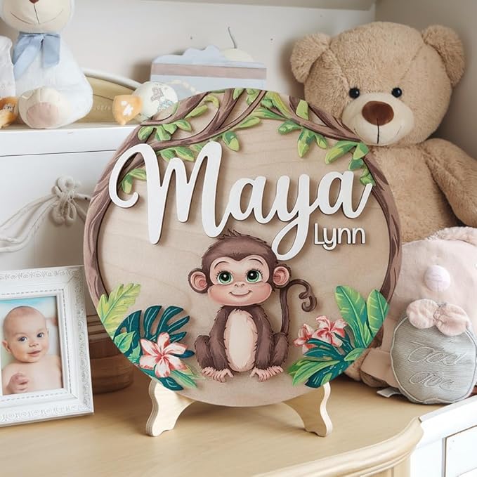 Personalized Wooden Name Signs for Nursery, Monkey Sign for Baby Door Decor, Newborn Gifts for Boy, Boys Nursery Wall Bedroom Decorations, Mother's Day Gifts for New Mom Dad Gift