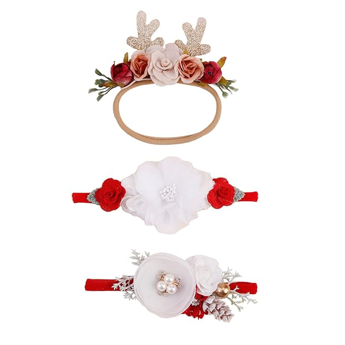 cherrboll 3pcs Baby Girl Headbands Flowers, Super Soft & Stretchy Nylon Floral Hairbands for Newborn Toddler