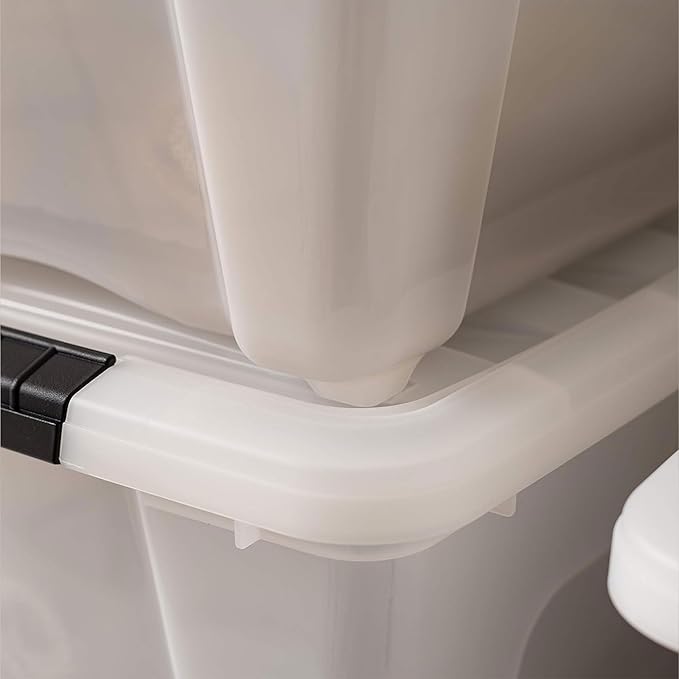 IRIS USA 32 Qt Stackable Plastic Storage Bins with Lids, 4 Pack - BPA-Free, Made in USA - Discreet Organizing Solution, Latches, Durable Nestable Containers, Secure Pull Handle - Pearl