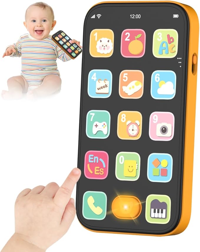 Bilingual Baby Phone with Sounds and Light, English/Spanish, Fun Early Learning Kids Smart Phone Toy for 6-12 Months, Gift for 1 Year Old Boys Girls Toddler Infant, Orange