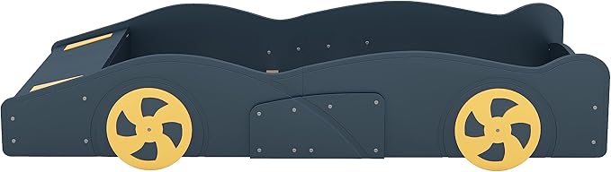 SOFTSEA Twin Car Shaped Bed Frame Modern Car-Shaped Platform Bed with Storage Headboard and Wheels, Wood Twin Platform Bed with Storage for Kids Boys, No Box Spring Needed, Blue+Yellow