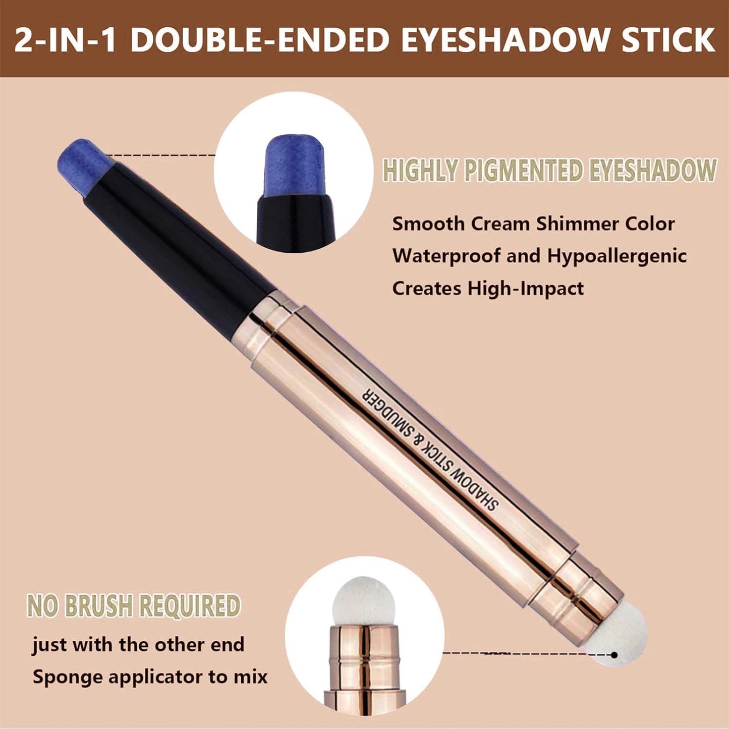 2 in 1 blue Eyeshadow stick and Sponge Makeup Brush, Smooth Cream Shimmer Shadow Pencil Long Lasting Waterproof Eye Shadow Highlighter Stick Makeup , Hypoallergenic Eyeshadow, Highlighter Eye Liner