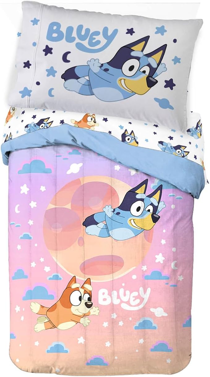 Jay Franco Bluey & Bingo Toddler Comforter Set - 4 Piece Bed Set Includes Sheet Set & Pillow Covers - Super Soft Clouds & Stars Kids Bedding