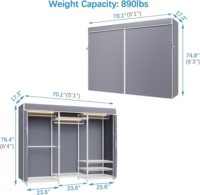 VIPEK V5LC Garment Rack Heavy Duty Covered Clothes Rack with Dimmable LED Lights, 3000K Warm White, Portable Closet Wardrobe Freestanding Clothing Racks for Hanging Clothes, White Rack with Grey Cover