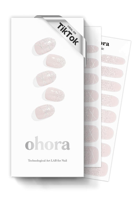 ohora Semi Cured Gel Nail Strips (N Dress Up) - White, Patterned, Works with Any UV/LED Lamps, Salon-Quality, Long Lasting, Easy to Apply & Remove - Includes 2 Prep Pads, Nail File & Wooden Stick