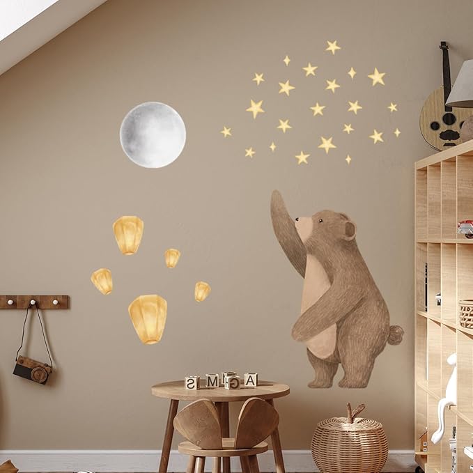 Cute Bear Wall Decals with Moon & Stars - Removable Nursery Wall Stickers for Baby Kids Room, Waterproof Animal Wall Art Decor, Easy to Apply Bedroom Living Room Playroom Murals