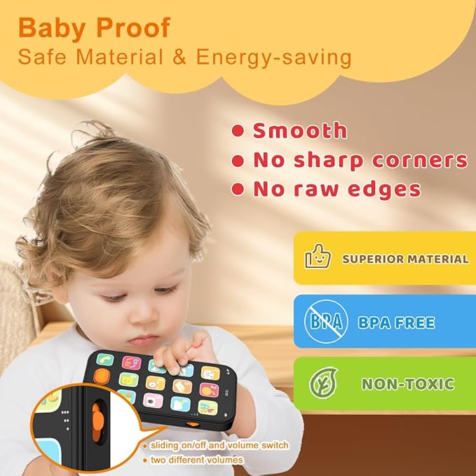 Bilingual Baby Phone with Sounds and Light, English/Spanish, Fun Early Learning Kids Smart Phone Toy for 6-12 Months, Gift for 1 Year Old Boys Girls Toddler Infant, Black