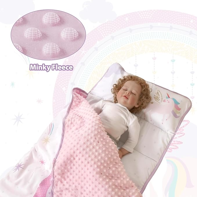 Toddler Nap Mat with Pillow and Minky Blanket 55''x35'' Toddler Sleeping Bag for Daycare, Preschool Travel Camping Mat Nap Mat for Boys and Girls