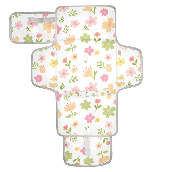 Flowers Portable Changing Pad with Built-in Pillow, Waterproof Foldable Baby Diaper Changing Pads, Diaper Mat for Boys and Girls