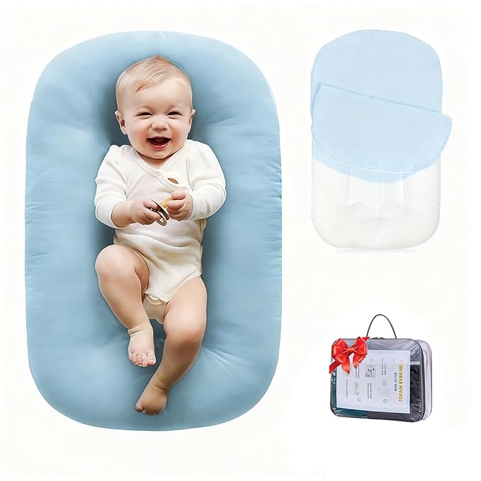 Baby Lounger 0-24 Months 100% Cotton-Snuggle Cozy Me Lounger,Soft & Breathable Tummy Time Mat for Newborn Infant Play Mat,Babies Essentials Gifts,Blue(Lounger Cover Included)