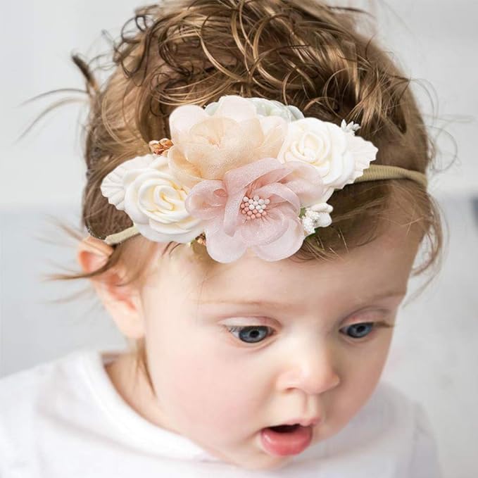 cherrboll 3pcs Baby Girl Headbands Flowers, Super Soft & Stretchy Nylon Floral Hairbands for Newborn Toddler
