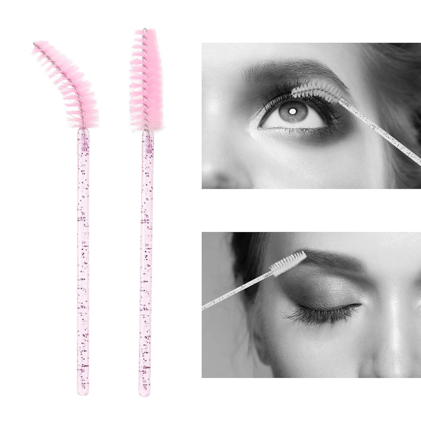 BTYMS 100 Pieces Disposable Lash Wands Eyelash Brushes with Crystal Handle Eyebrow Brushes Spoolies for Eyelash Extensions - Pink