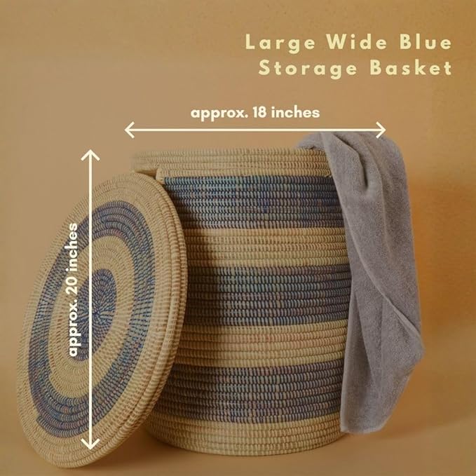 Storage & Organization - Laundry Basket, Bedroom Hamper, Nursery Toys Bin, Living Room Blankets Storage, Decorative, Wicker, Sturdy, Round, Handles, Woven, Blue Beige (Large)