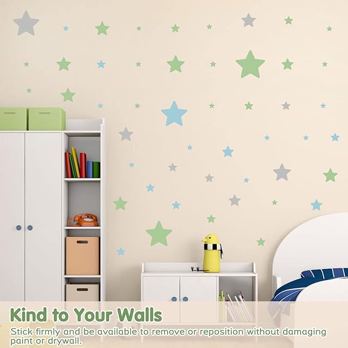 Stars Wall Decals Peel and Stick, Green Blue Grey Stars Wall Stickers for Adults Bedroom, Vinyl Stars Wall Decals for Living Room