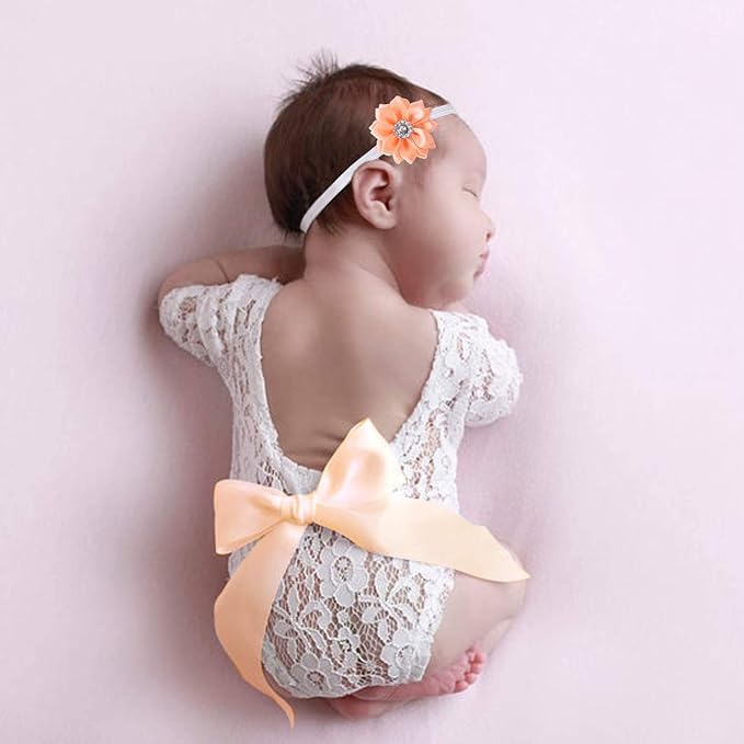 Newborn Girl Photography Outfits, Backless Lace Romper with Flower Headband Photo Props, Baby Girl Photoshoot Outfits