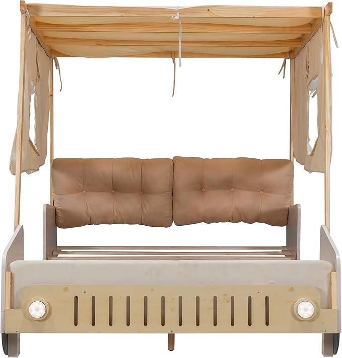 Merax Car Shaped Platform Bed for Kids Full Size, Solid Wood Bed Frame with Back Cushion & Ceiling Cloth, for Boys Girls Teens, Natural