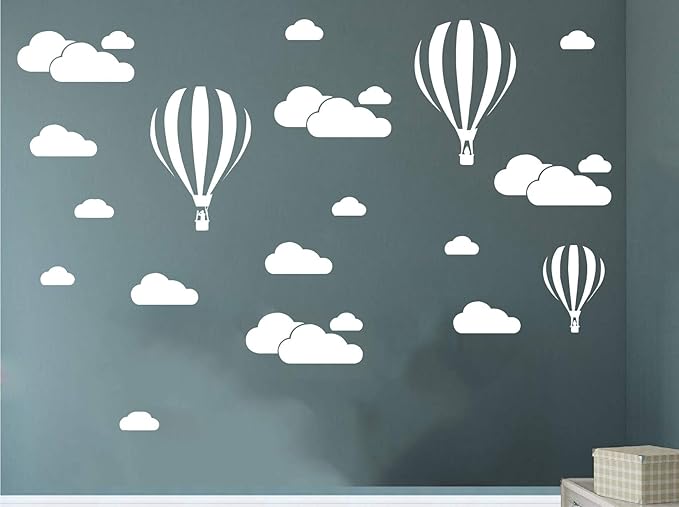 White Clouds & Hot Air Balloons Nursery Kids Childs Room Vinyl Wall Art Sticker Baby Wall Decals Removable Waterproof Wallpaper D952 (White)