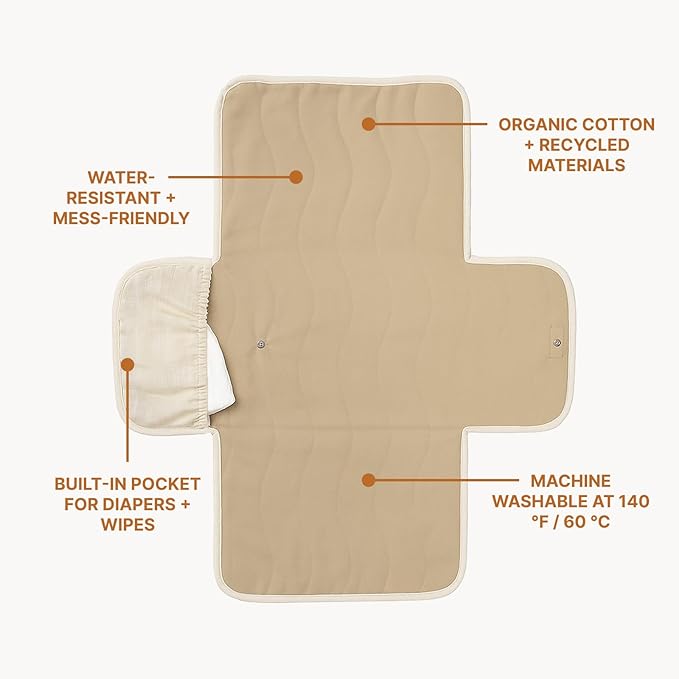 Toddlekind Mini Maven Portable Changing Pad – Organic Cotton & Water-Resistant Polyester – Travel-Friendly, Foldable Change Mat – Tofu Beige Stripes with Wave Stitching – Chic, Durable, Easy to Clean