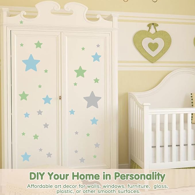Stars Wall Decals Peel and Stick, Green Blue Grey Stars Wall Stickers for Adults Bedroom, Vinyl Stars Wall Decals for Living Room
