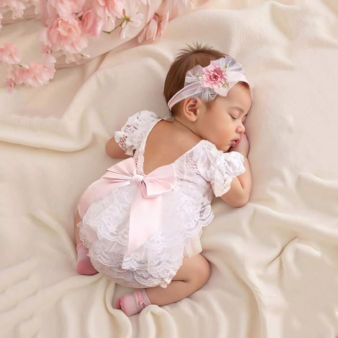 Newborn Girl Photography Outfits, Backless Lace Romper with Flower Headband Photo Props, Baby Girl Photoshoot Outfits