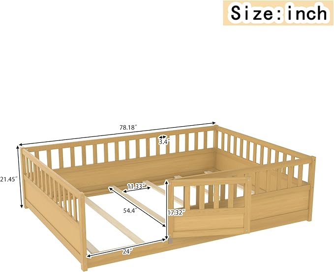 Bellemave Full Floor Bed with Slats, Full Size Floor Beds with High Fence and Door, Montessori Floor Bed Frame, No Box Spring Needed, Easy Assemble Montessori Bed, Natural