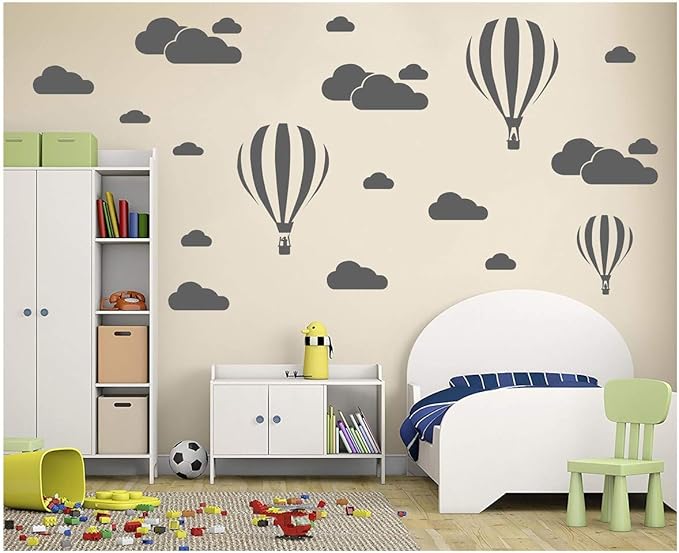 White Clouds & Hot Air Balloons Nursery Kids Childs Room Vinyl Wall Art Sticker Baby Wall Decals Removable Waterproof Wallpaper D952 (Grey)