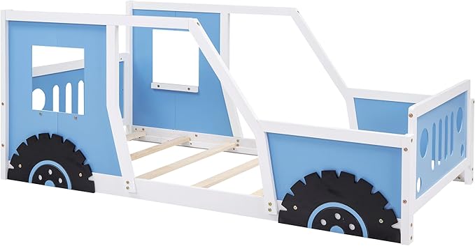 Merax Twin Size Classic Car-Shaped Platform Bed with Wheels, Wood Car Bed Frame for Boys, Blue