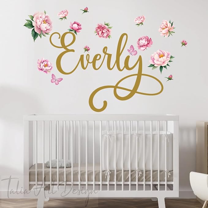 Custom Peony Flower and Butterfly Wall Decal – Personalized Name Sticker for Girl’s Room, Nursery Decor, Floral Bedroom Wall Art