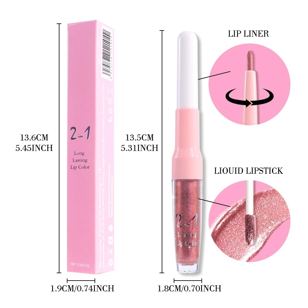 evpct Pine Red Metallic Glitter Lip Liner and Lipstick Combo Lip Gloss Stain Set Makeup for Women Long Lasting Waterproof 24, Warm Pink Metallic Shimmer Frosted Iridescent Shiny Liquid Lipstick 09