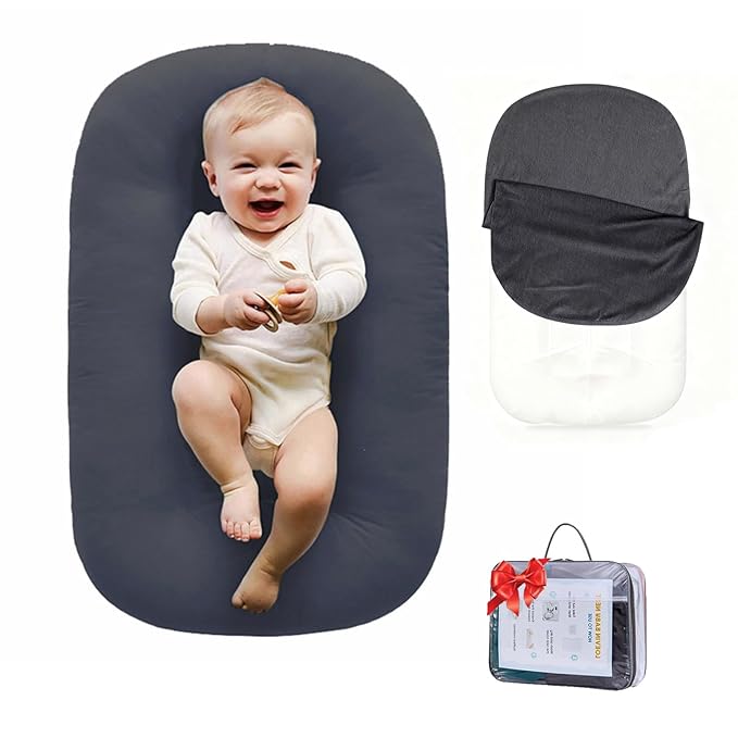 Baby Lounger 0-24 Months 100% Cotton,Soft & Breathable Tummy Time Mat for Newborn Infant Play Mat,Babies Essentials Gifts,Gray(Lounger Cover Included)