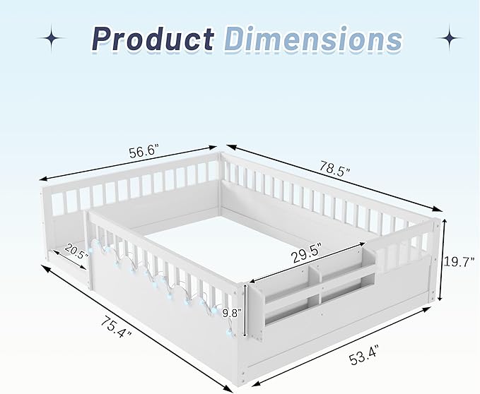 Full Size Floor Bed for Kids, Wood Montessori Floor Bed Full with High Rails & Storage Shelf, Baby Floor Beds with LED Light for Boys & Girls, White