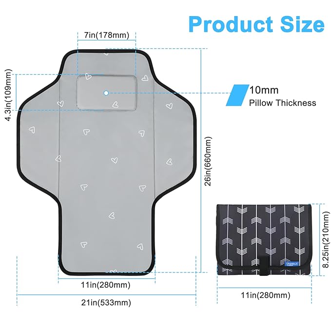 Baby Portable Changing Pad Travel - Waterproof Compact Diaper Changing Mat with Built-in Pillow - Lightweight & Foldable Changing Station, Newborn Shower Gifts