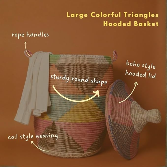 Tall Large Decorative Wicker Storage Basket with Lid, Laundry Hamper, Blanket Storage, Toys Bin, Clothes Holder, Boho Style (Colorful Triangles)