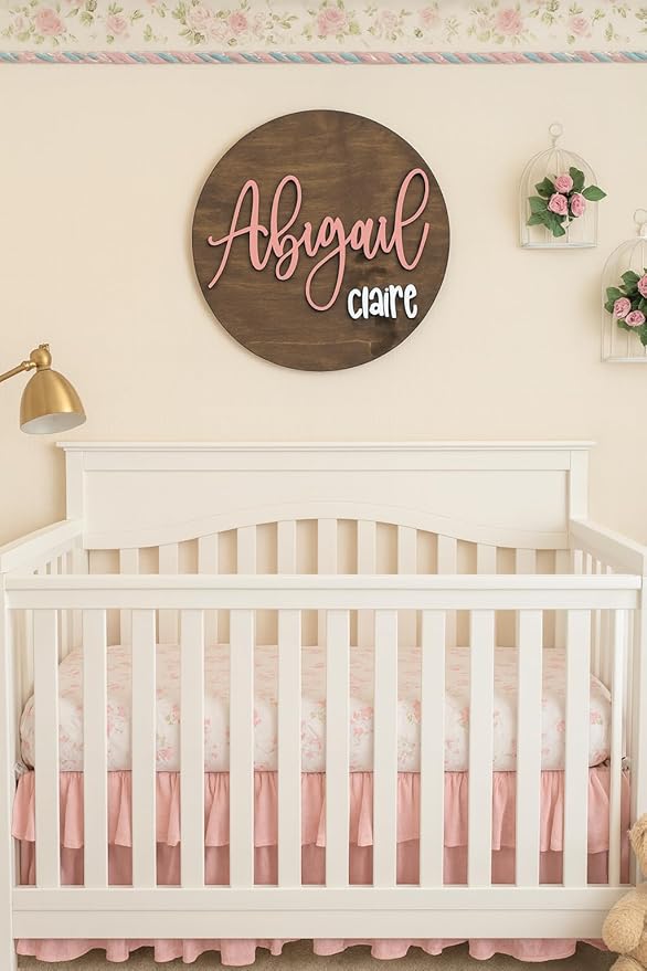 Custom Round Nusery Name Sign, Personalized 3D Baby Name Announcement Sign, Personalized Wooden Wall Plaque, 3D Wall Art for Children & Kids Rooms, Family Name Signs, 30 Colors (Design 12)