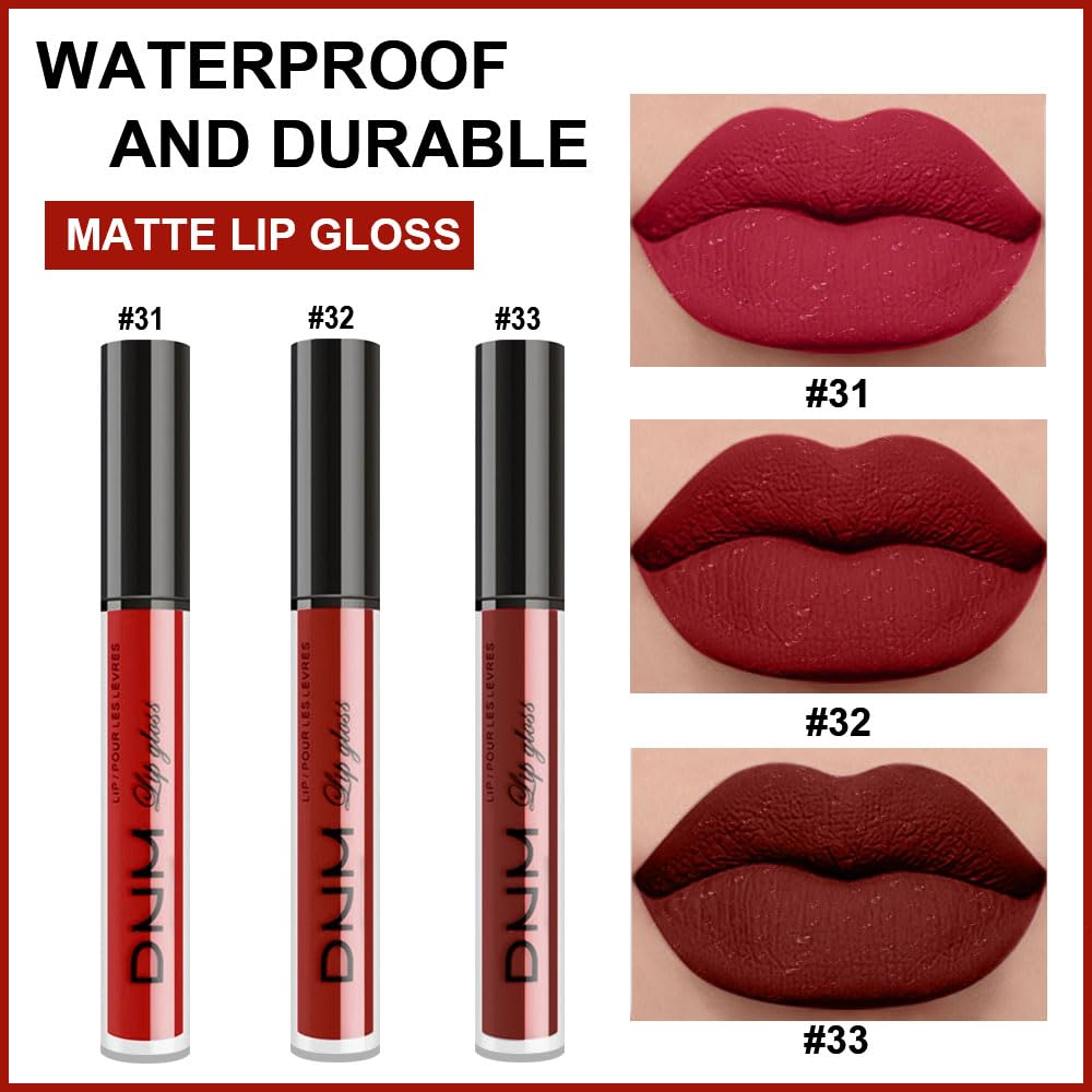 evpct 3Pcs Dark Deep Ruby Light Rose red Brown red Matte Liquid Lipstick Sets for Women 24-hour Matte+Lipstick Lipsticks Lip Stain Gloss Long Lasting 24 Smudge Waterproof