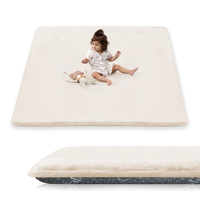 1.5" Thick Baby Play Mat for Floor, 50x50 Playpen Mat, Pro Soft Flannel Foam Mats Toddler Infant Kids Crawling for Nursery Rug Playroom Living Room Waterproof Easy Care Non-Slip (Beige)