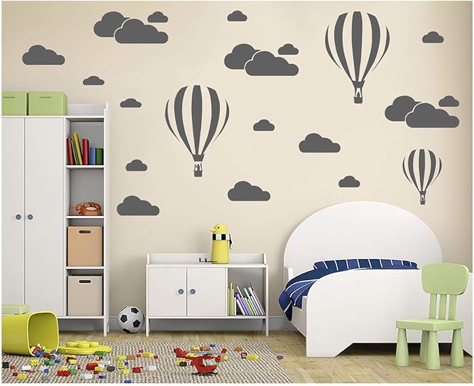 White Clouds & Hot Air Balloons Nursery Kids Childs Room Vinyl Wall Art Sticker Baby Wall Decals Removable Waterproof Wallpaper D952 (Grey)