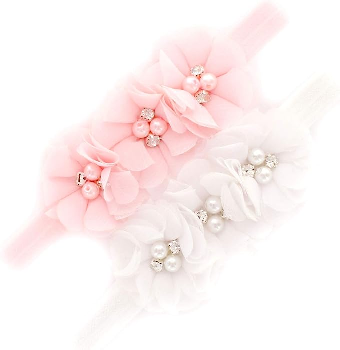 My Lello Flower Headbands Baby - Girls - Toddler Fabric Beaded Stretchy Elastic Pair