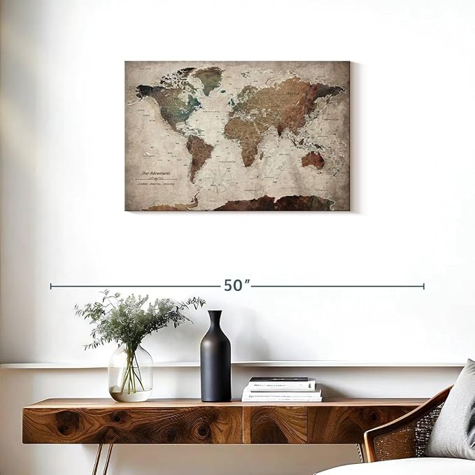 ElephantStock - Our Adventures World Map With Push Pin Iii Wall Art - Horizontal Canvas Wall Art - Living Room Wall Decor - Printmaking Map Canvas Art - Beige And Brown Decor - 30" x 20"