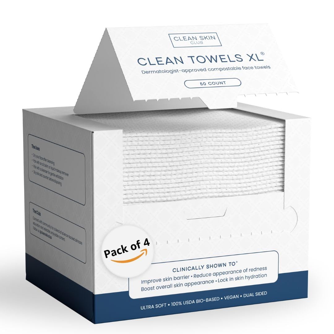 Clean Skin Club Clean Towels XL®, 100% USDA Biobased Face Towel, Disposable Face Towelette, Eczema Association Accepted, Makeup Remover Dry Wipes, Ultra Soft, 50 ct per pack, 4 Packs, 200 Ct Total
