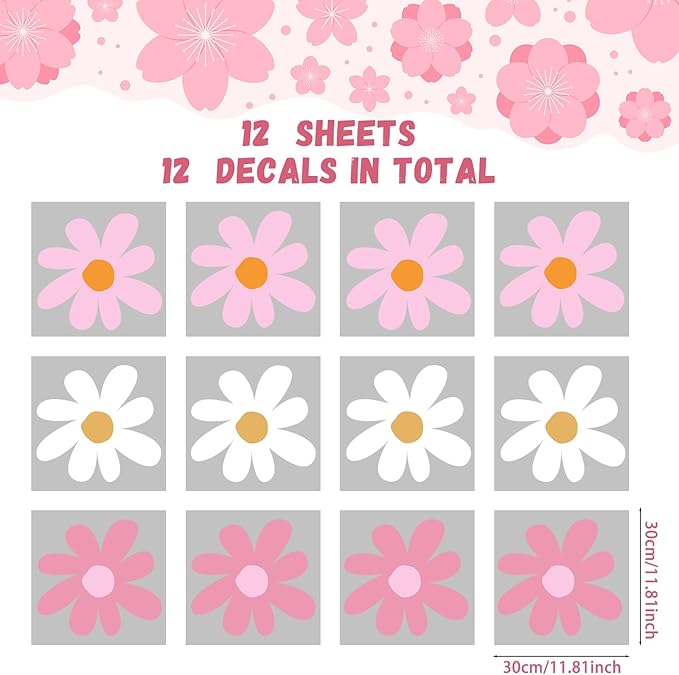TaoBary 12 Sheets Daisy Wall Decal Flower Wall Sticker Cute Daisy Sticker Pink White Flower Decal Peel and Stick Floral Wallpaper for Nursery Bedroom Home Decor(Classic Color,Delicate Style)