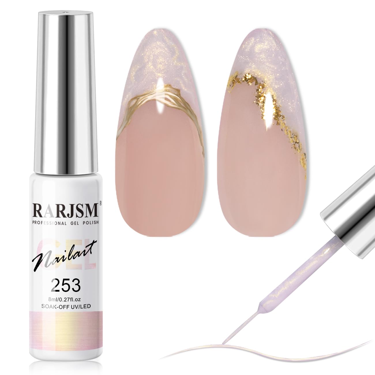 RARJSM Pearl Gold Gel Liner Nail Art Pearlescent Milky Light Purple White Golden Shell Glitter Swirl Effect Gel Nail Polish 8ml Build in Thin Brush Painted Drawing Striper Gelpolish Curing Requires
