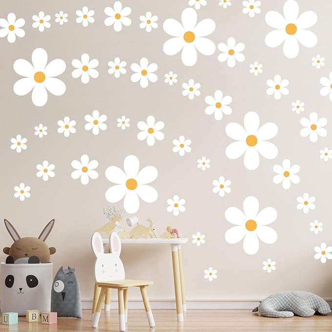 TaoBary 165 Pieces 15 Sheet Large Daisy Wall Decals Flower Stickers Vinyl Peel and Stick Floral Decal Daisy Wall Decor for Nursery Playroom Bedroom Living Room(Fresh)